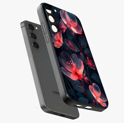Dark Shade of Flower Glass Case displayed in angled mockup highlighting moody floral illustration with aesthetic dark tones.