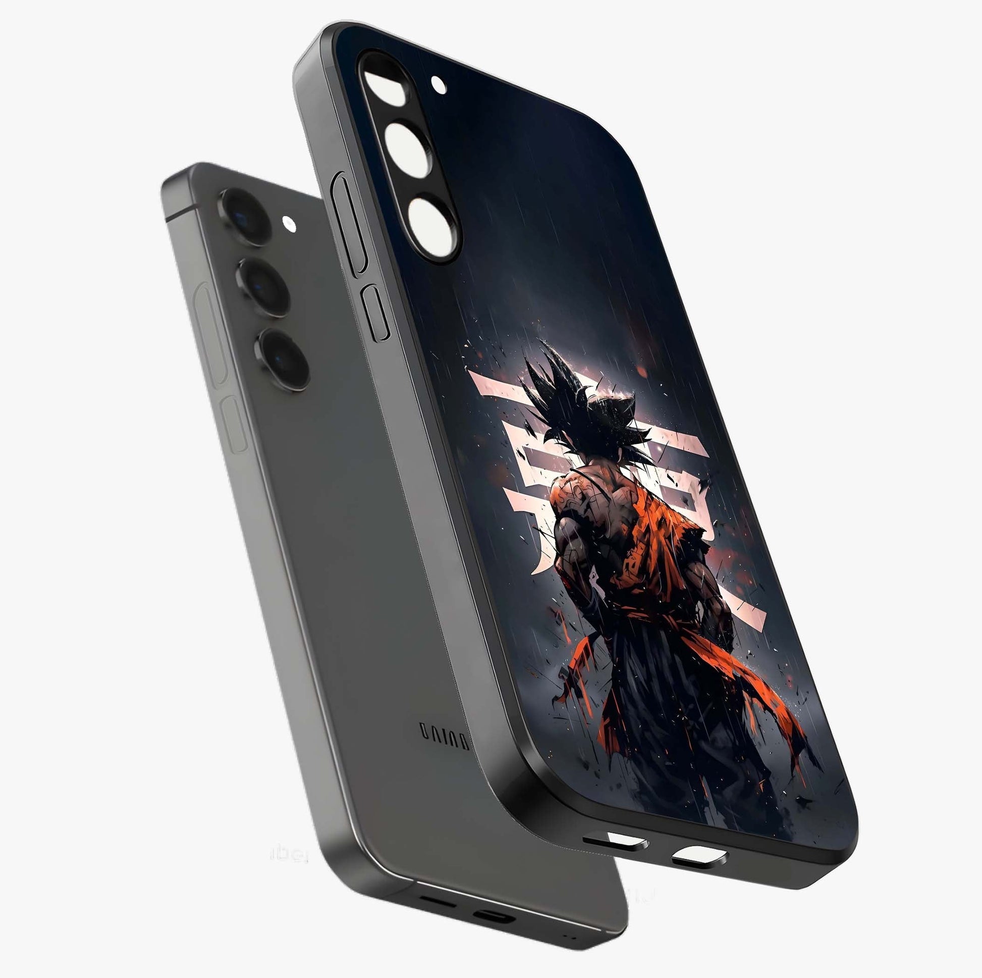 Dark Warrior In Rain Glass Case displayed in angled mockup highlighting dramatic warrior illustration with dark rain aesthetic.