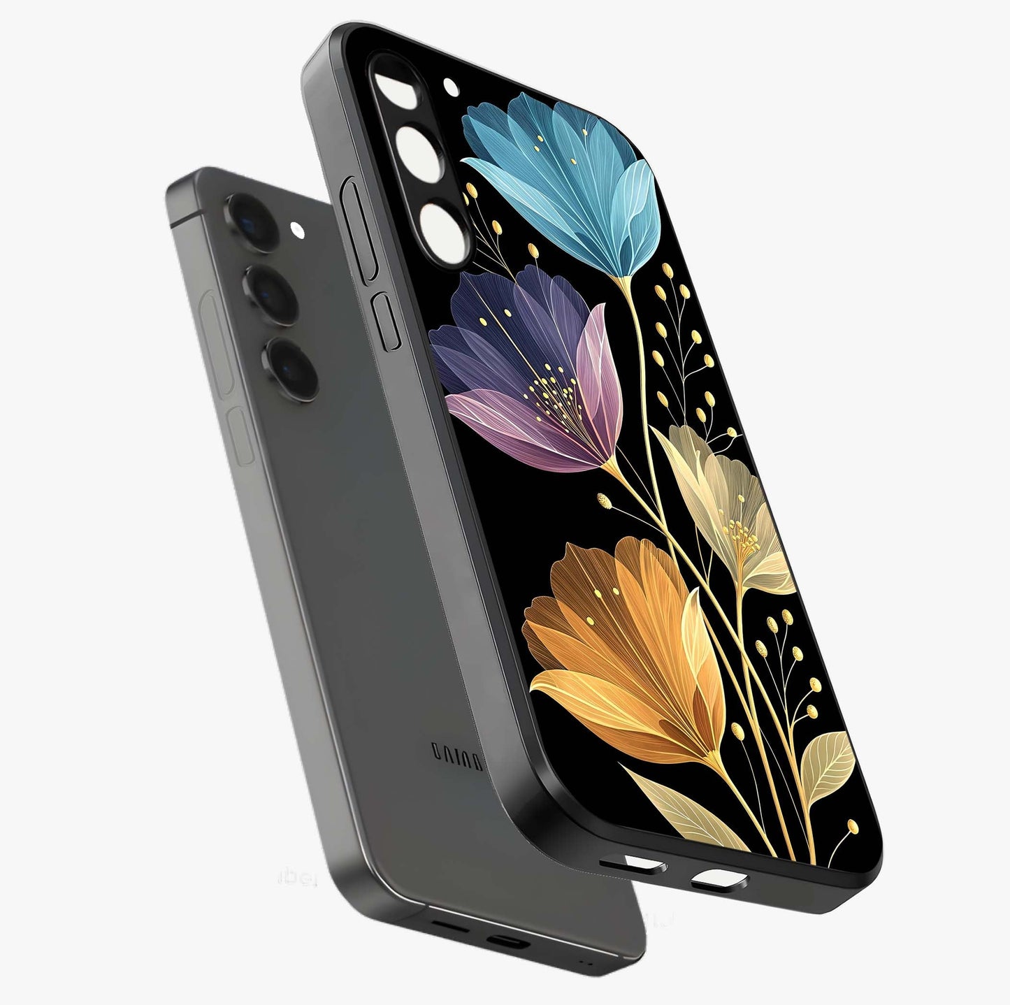 Delicate Multicolor Flowers Glass Case displayed in angled mockup highlighting colorful flower pattern with soft aesthetic style.