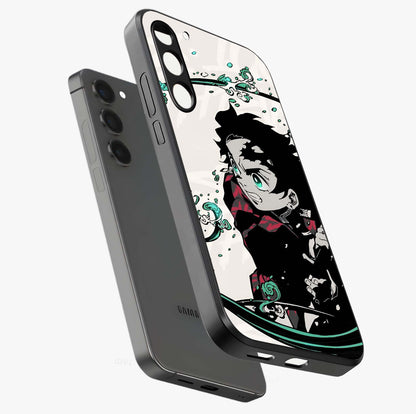 Demon Slayer Glass Case displayed in angled mockup highlighting dramatic anime character design with action aesthetic.