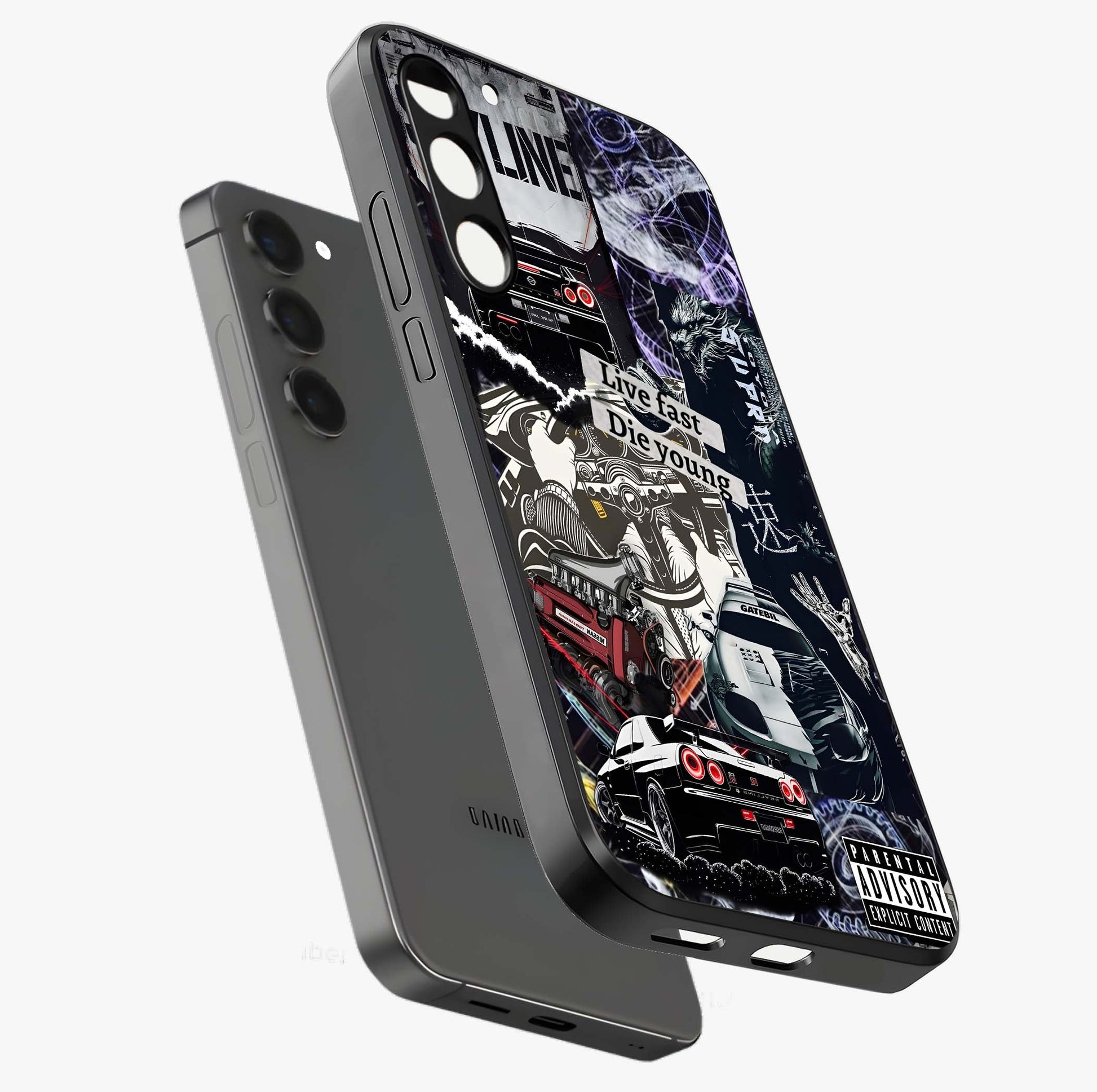 Die Young Glass Case displayed in angled mockup highlighting expressive graphic artwork with edgy aesthetic style.