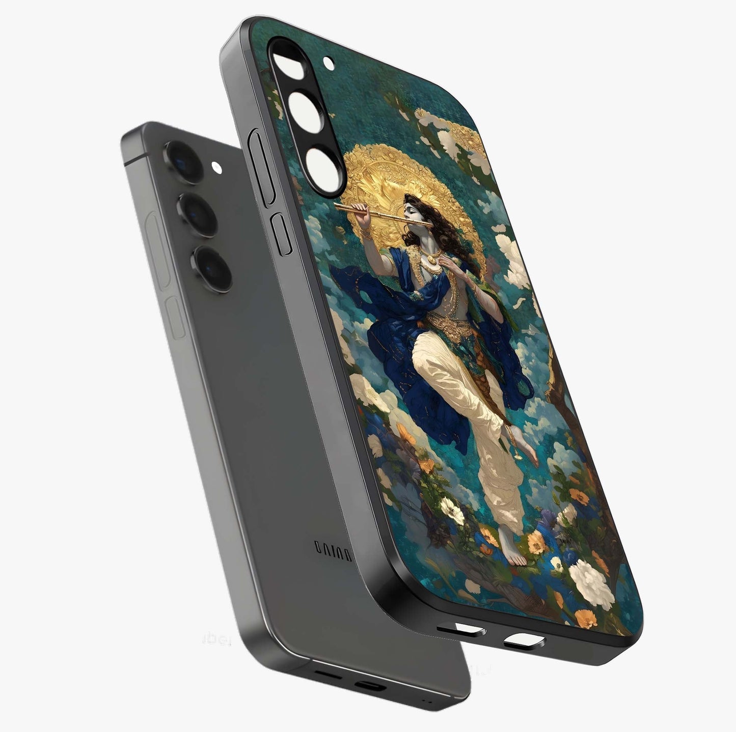 Divine Krishna Art Glass Case displayed in angled mockup highlighting spiritual Krishna illustration with devotional aesthetic.