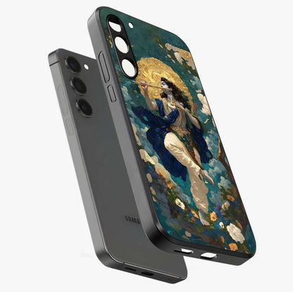 Divine Krishna Art Glass Case displayed in angled mockup highlighting spiritual Krishna illustration with devotional aesthetic.