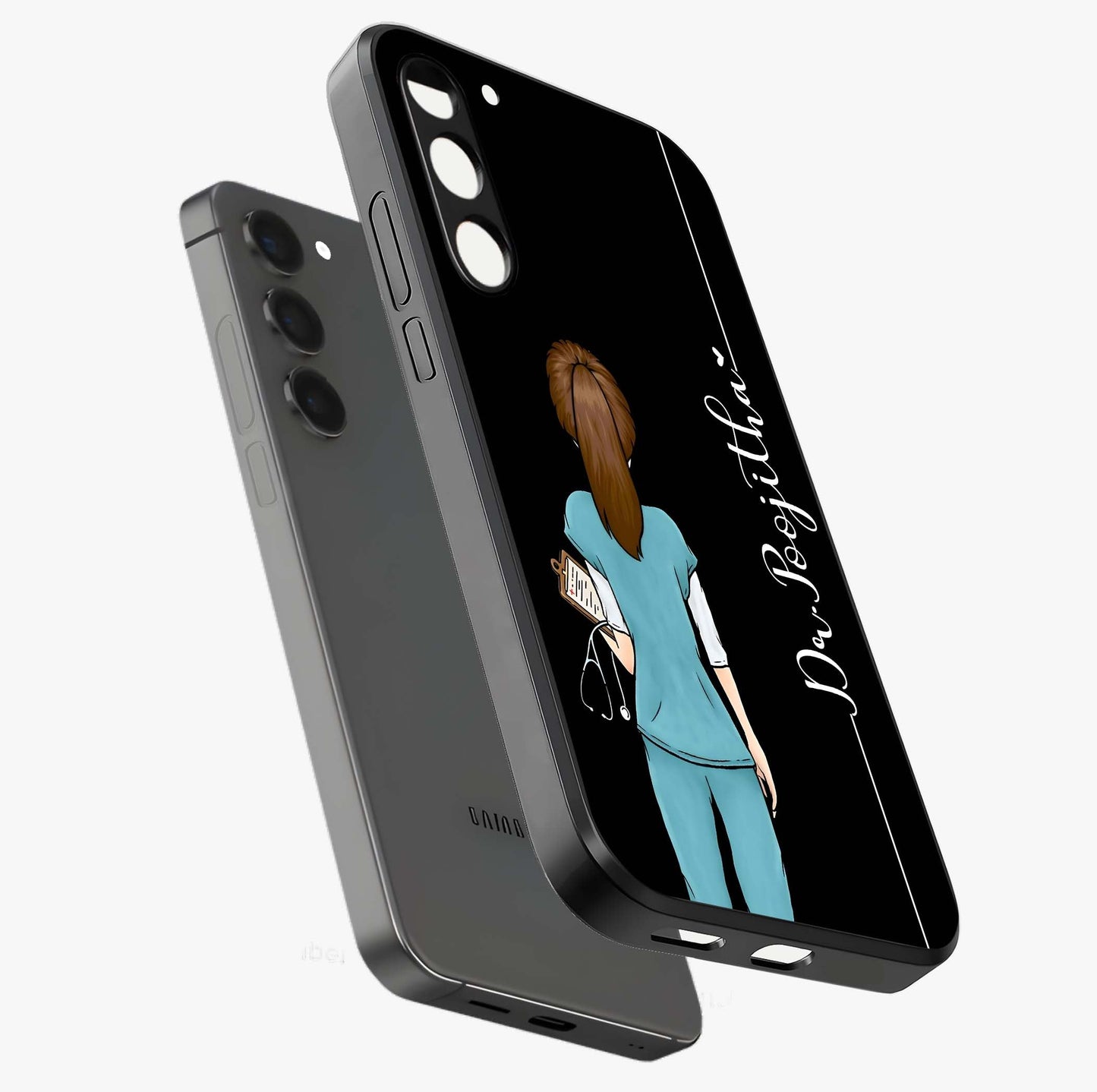 Doctor Pattern Custom Name Glass Case displayed in angled mockup highlighting doctor inspired artwork with custom name feature.