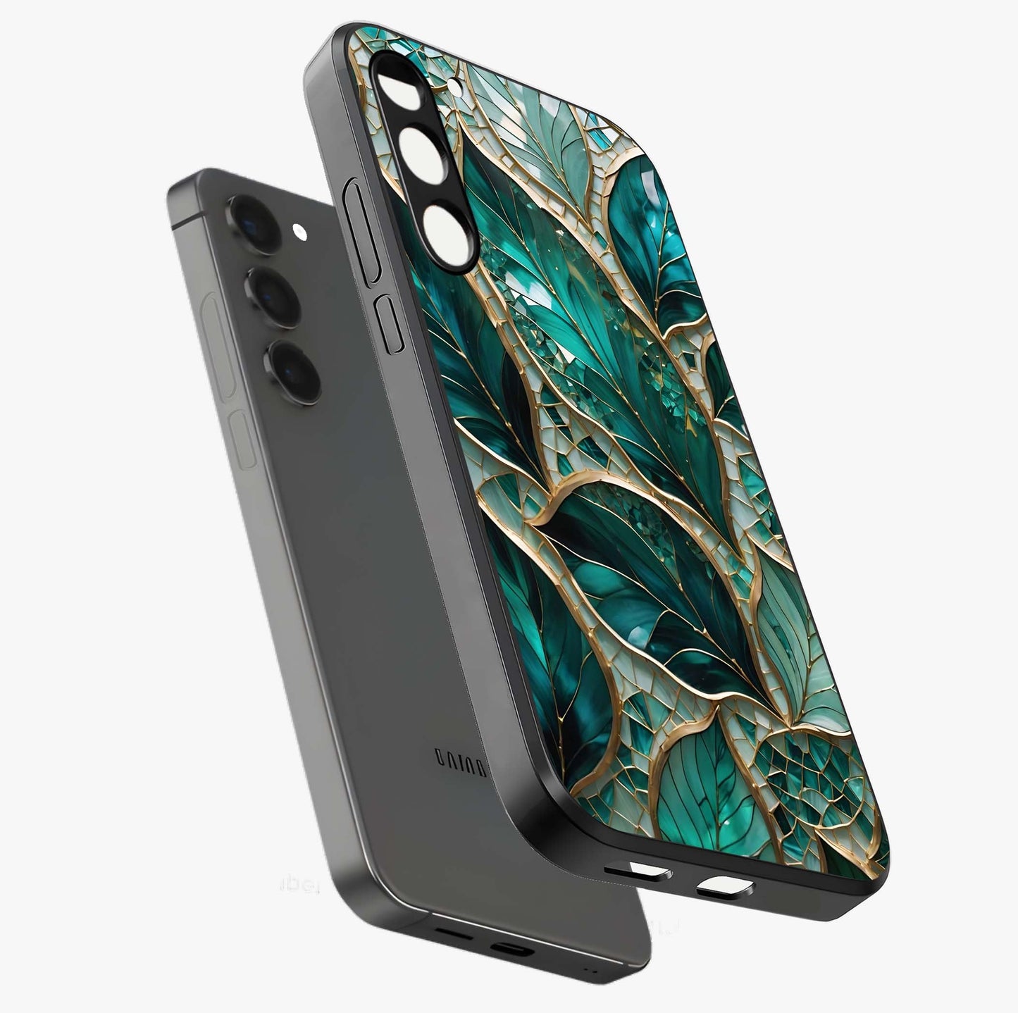 Emerald Leaf Glass Glass Case displayed in angled mockup highlighting botanical leaf illustration with elegant natural aesthetic.