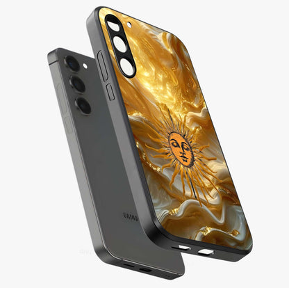 Eternal Golden Glow Glass Case displayed in angled mockup highlighting glowing golden aesthetic design with elegant style.
