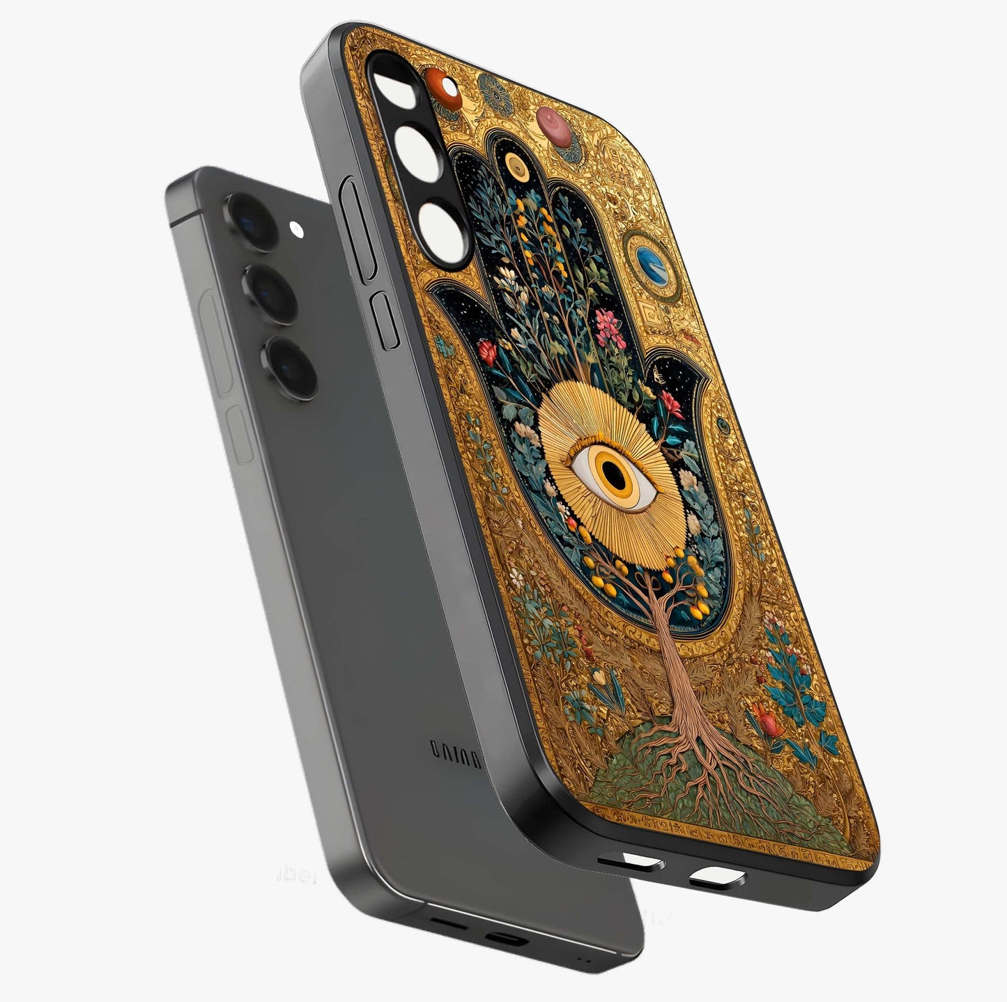 Ethereal Evil Eye Glass Case displayed in angled mockup highlighting protective evil eye symbol with spiritual aesthetic design.