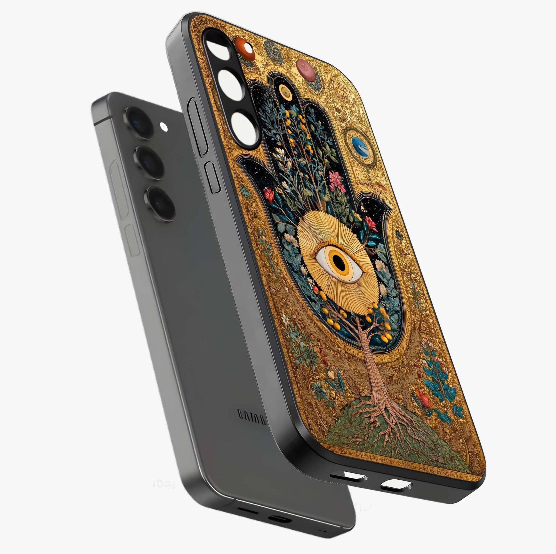 Ethereal Evil Eye Glass Case displayed in angled mockup highlighting protective evil eye symbol with spiritual aesthetic design.