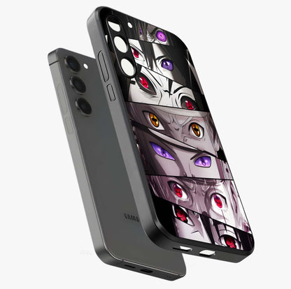 Eyes of Destiny Glass Case displayed in angled mockup highlighting bold eye illustration with mystical aesthetic style.