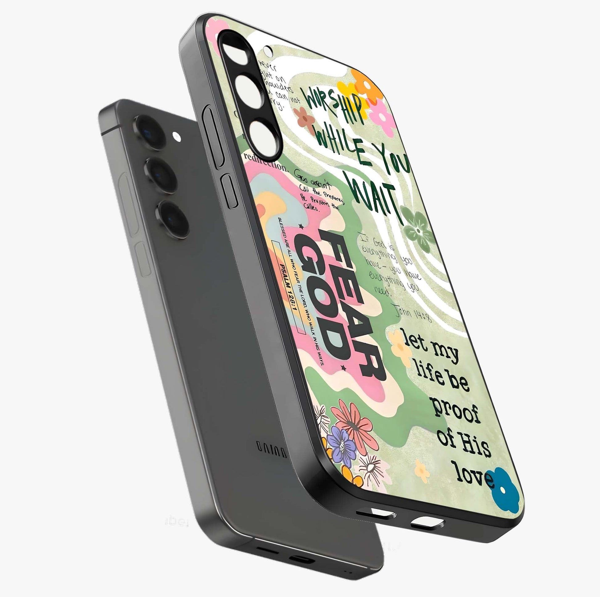 Faith Over Fear Glass Case displayed in angled mockup highlighting inspirational message design with modern aesthetic style.
