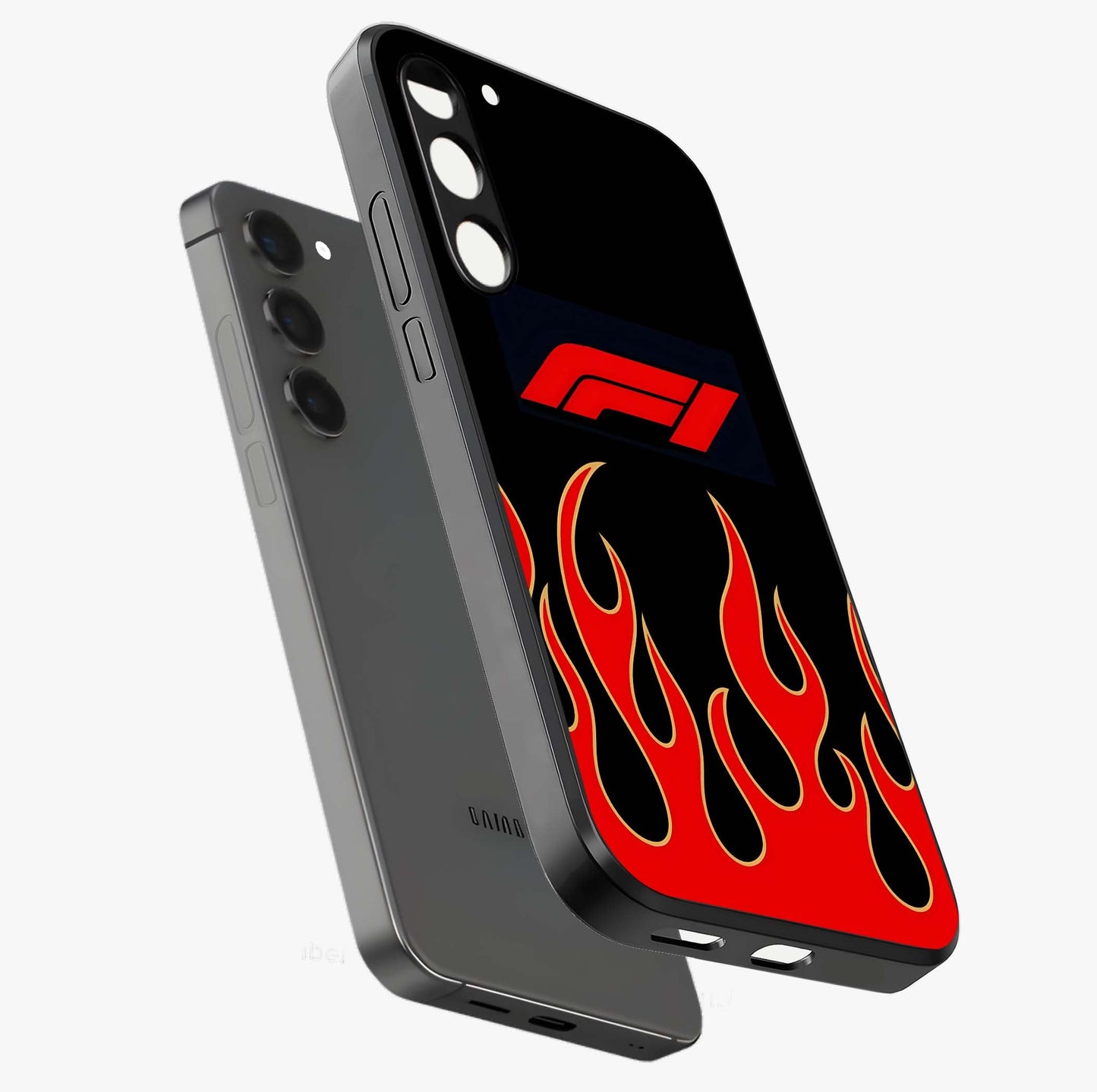 Fire F11 Glass Case displayed in angled mockup highlighting bold fire inspired graphic with energetic aesthetic style.