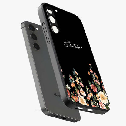 Floral Design With a Custom Personalized Name Glass Case displayed in angled mockup highlighting elegant floral pattern with custom name feature.