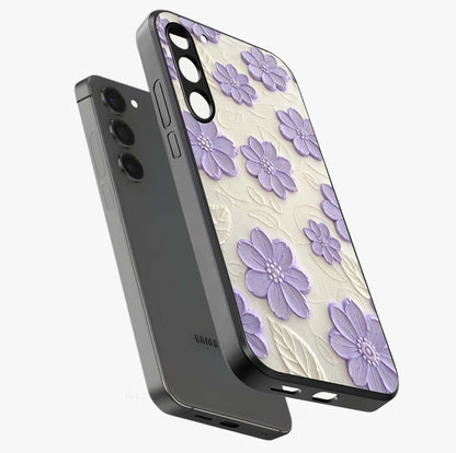 Floral Wall Art With Purple Flowers Glass Case displayed in angled mockup highlighting vibrant purple floral illustration with artistic aesthetic.