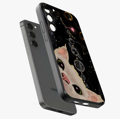 Galactic Cat Glass Case displayed in angled mockup highlighting celestial feline illustration with galaxy aesthetic style.