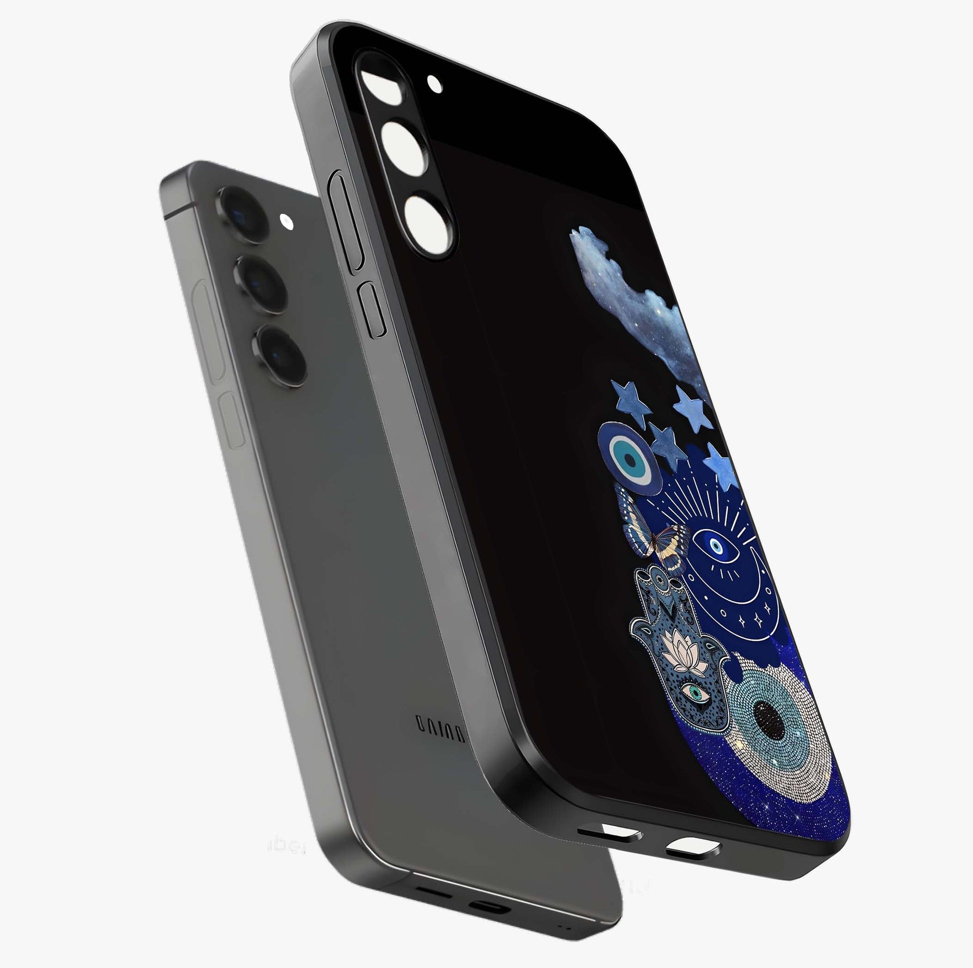 Galactic Charm Cluster Glass Case displayed in angled mockup highlighting luminous galaxy inspired design with dreamy aesthetic.