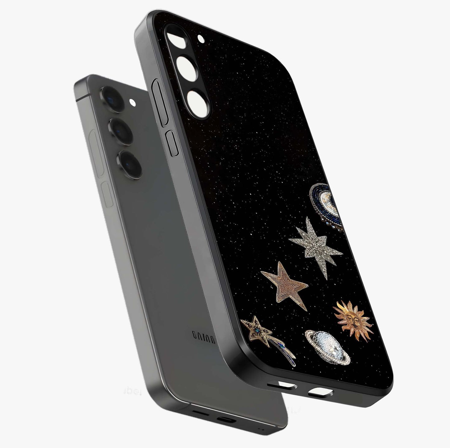 Galactic Charm Glow Glass Case displayed in angled mockup highlighting luminous galaxy inspired design with dreamy aesthetic.