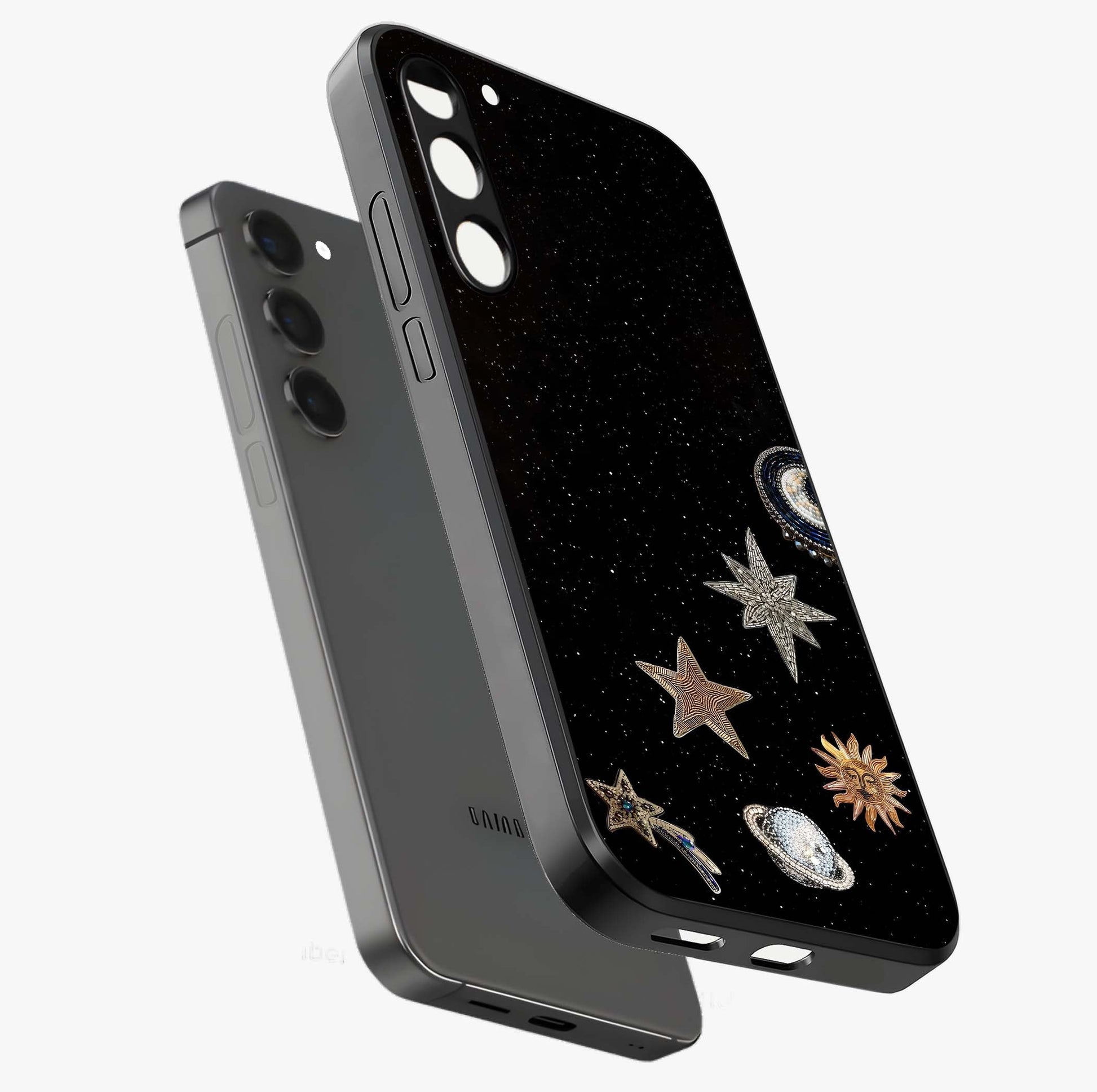 Galactic Charm Glow Glass Case displayed in angled mockup highlighting luminous galaxy inspired design with dreamy aesthetic.