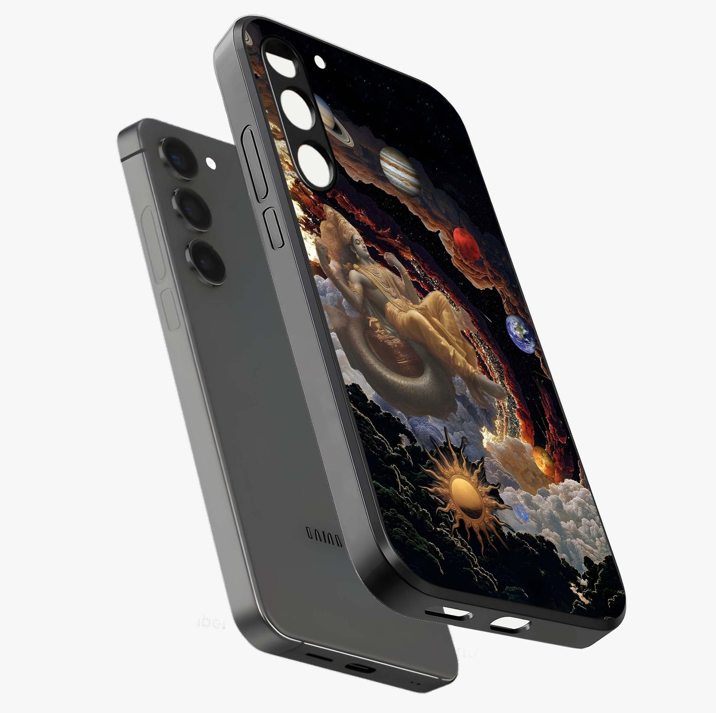 Galactic Divine God Glass Case displayed in angled mockup highlighting powerful celestial deity illustration with galactic aesthetic.