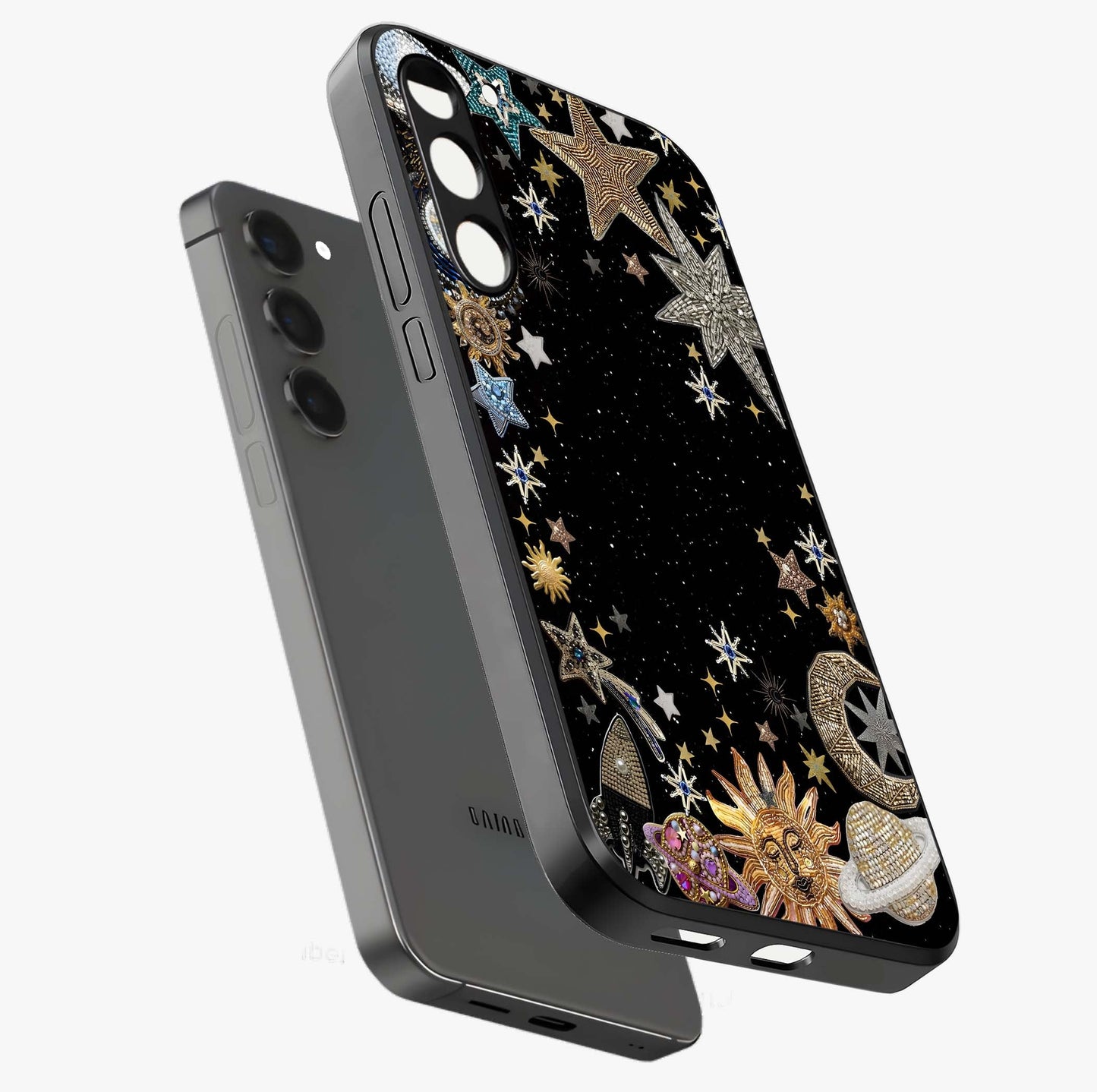 Galactic Jewel Stars Glass Case displayed in angled mockup highlighting shining celestial star design with cosmic aesthetic style.