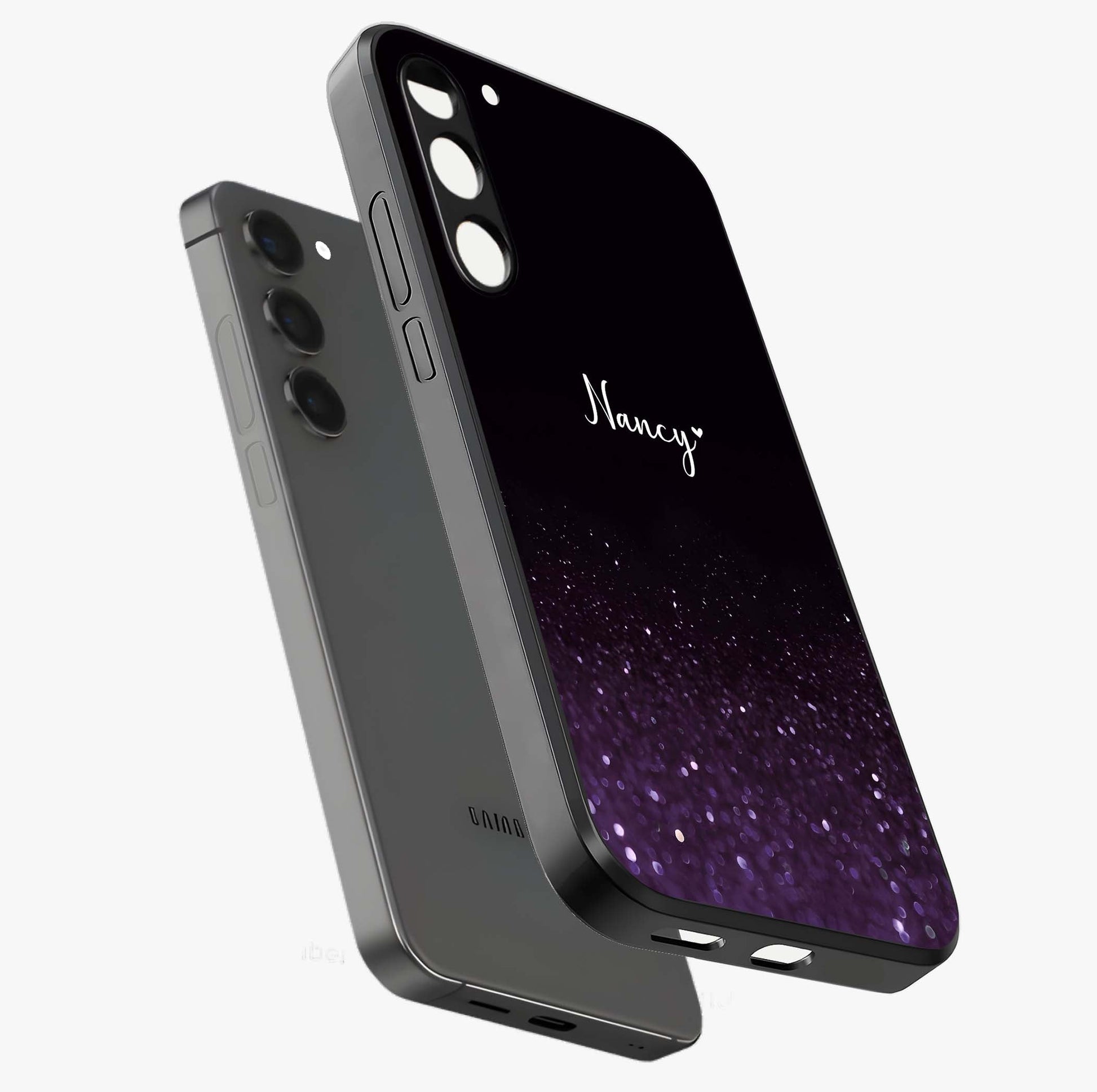 Glittery Purple Bokeh Custom Name Glass Case displayed in angled mockup highlighting glitter bokeh pattern with custom name feature.