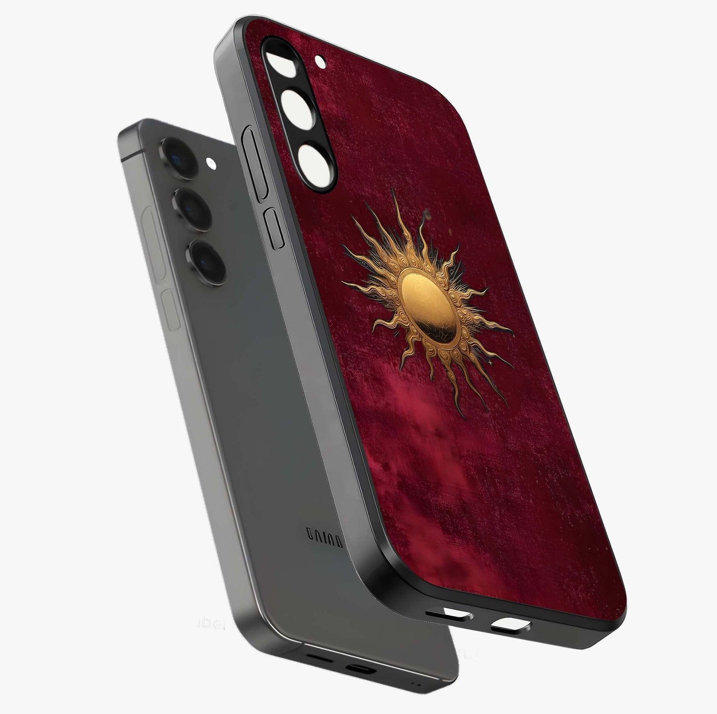Golden Sun Minimalism Glass Case displayed in angled mockup highlighting clean sun symbol design with modern minimal aesthetic.