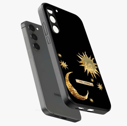 Gold Sun Blush Glass Case displayed in angled mockup highlighting radiant sun design with warm golden aesthetic.