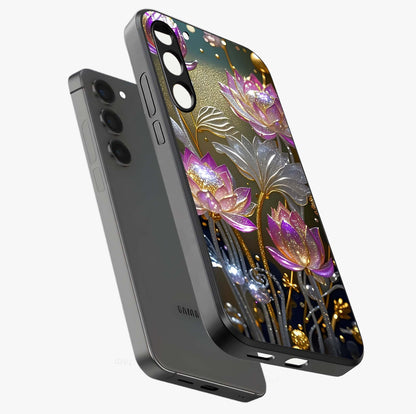 Golden Floral Majesty Glass Case displayed in angled mockup highlighting elegant flower design with royal golden aesthetic.
