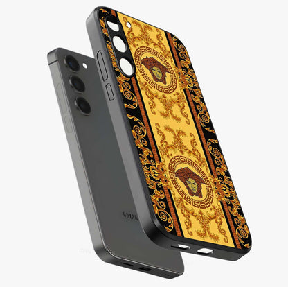 Golden Lotus Glow Glass Case displayed in angled mockup highlighting radiant lotus illustration with spiritual aesthetic.