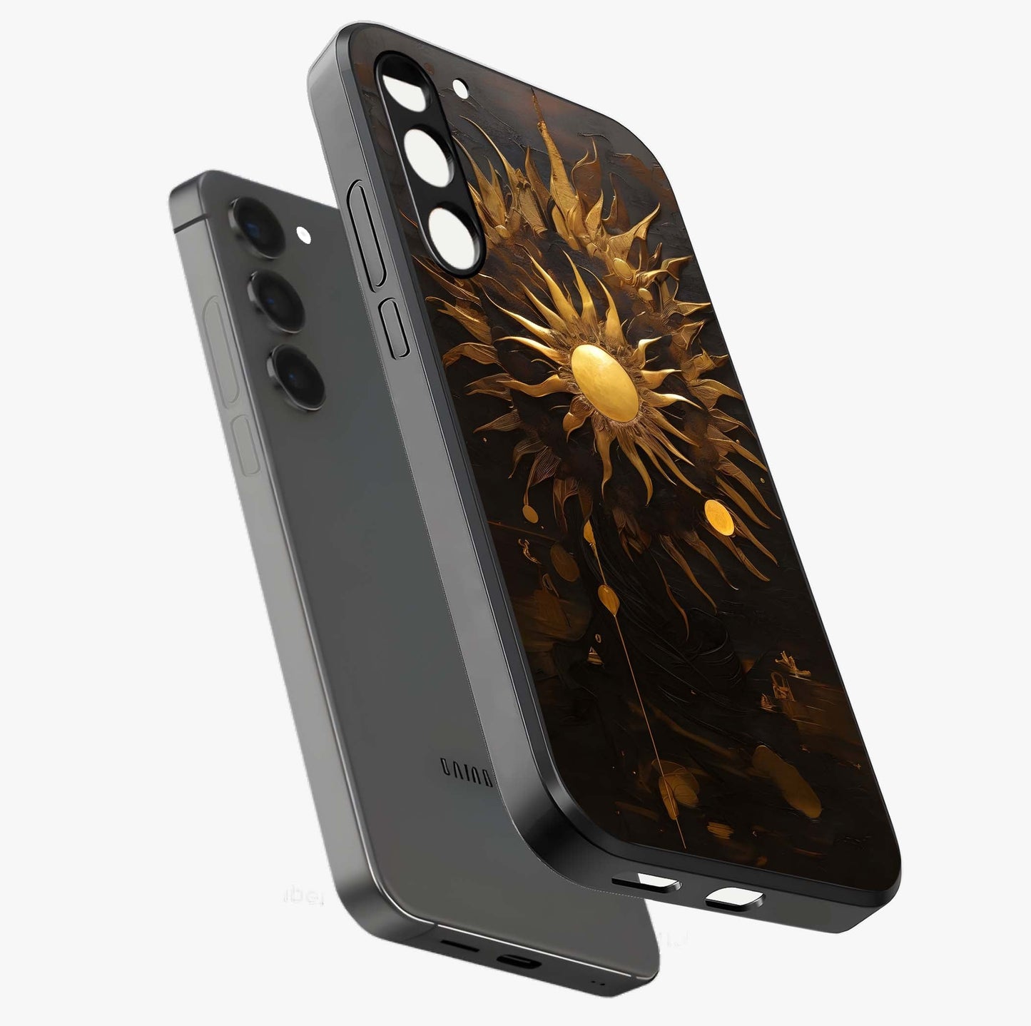 Golden Sun Majesty Glass Case displayed in angled mockup highlighting eerie shadow illustration with gothic aesthetic.