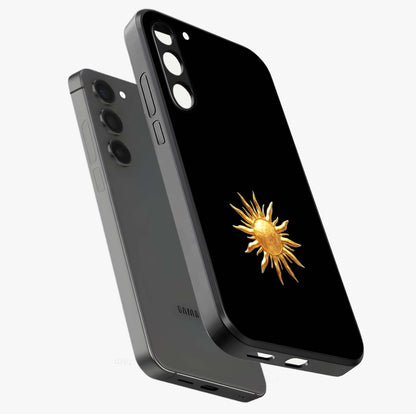 Golden Sun Minimalism Glass Case displayed in angled mockup highlighting eerie shadow illustration with gothic aesthetic.