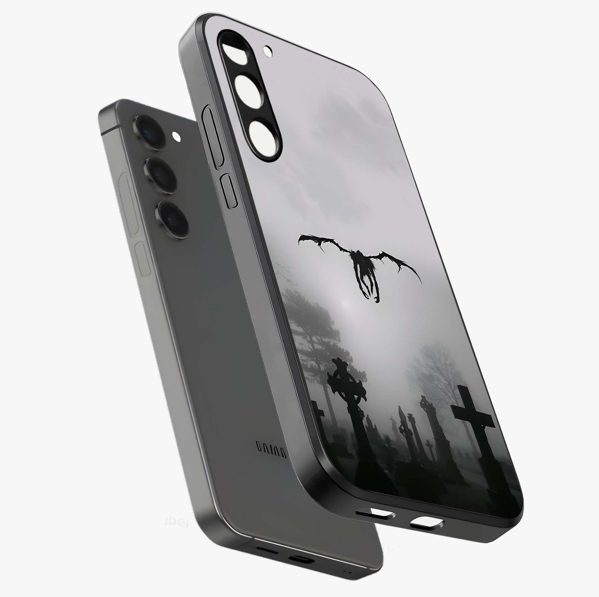 Graveyard Shadow Descent Glass Case displayed in angled mockup highlighting eerie shadow illustration with gothic aesthetic.