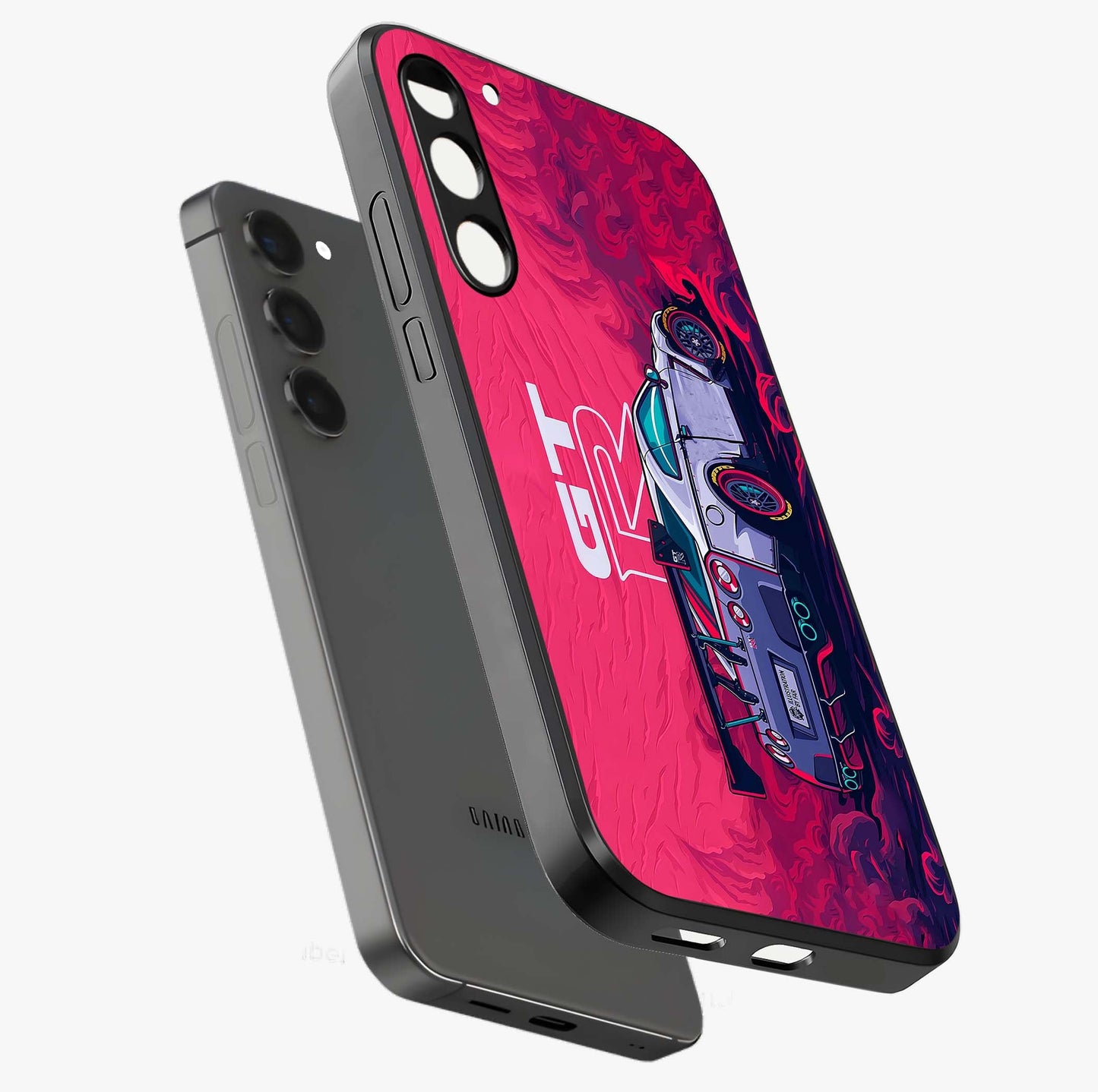GT-R Car Pattern Glass Case displayed in angled mockup highlighting racing car graphic design with bold automotive aesthetic.