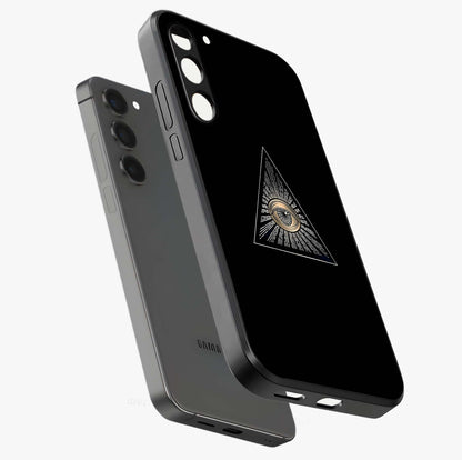 Illuminati Evil Glass Case displayed in angled mockup highlighting dark occult inspired design with bold aesthetic style.