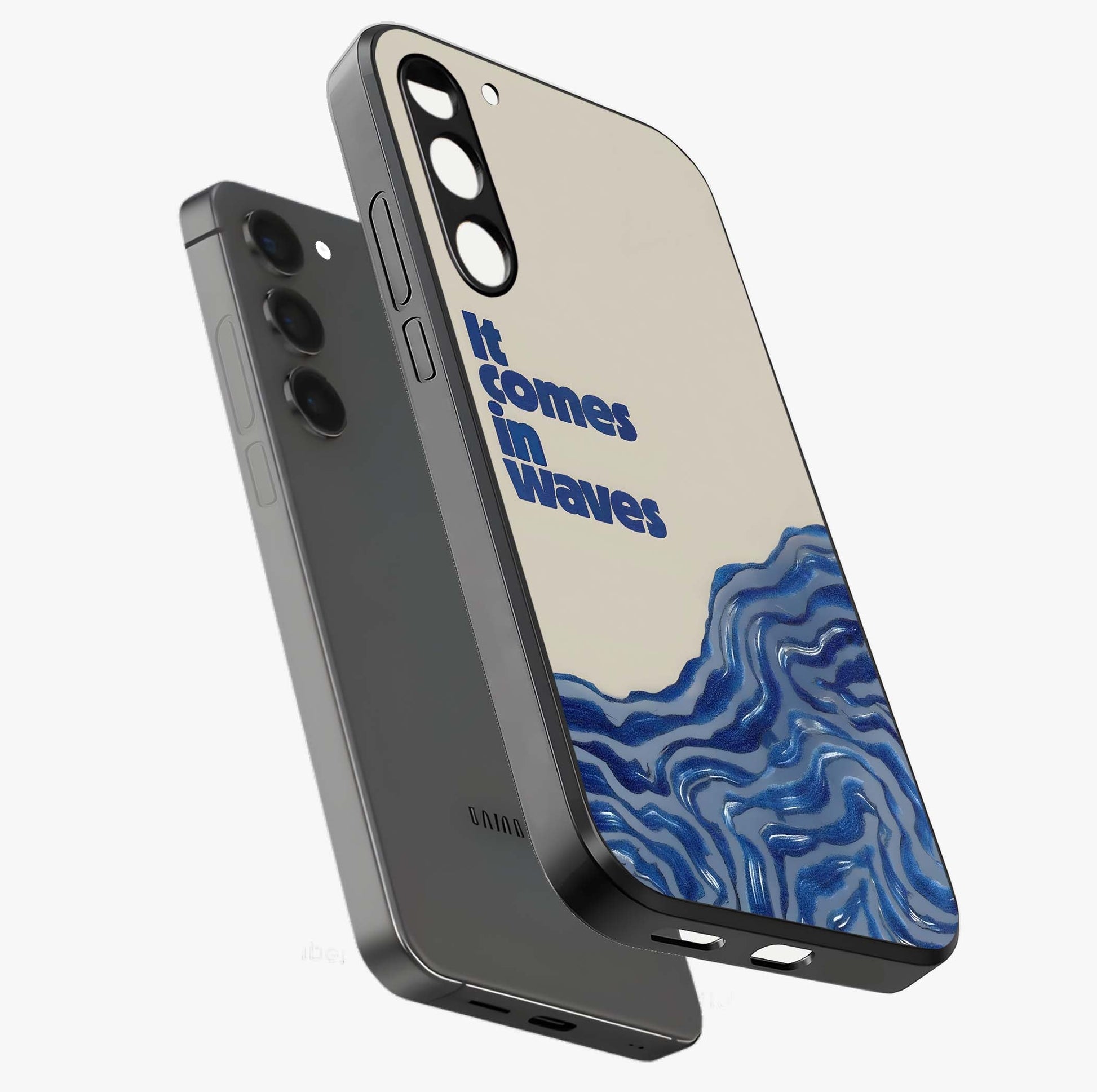 It Comes In Waves Quote Glass Case displayed in angled mockup highlighting ocean wave typography design with aesthetic style.