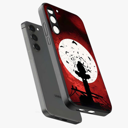 Itachi Limited Edition Naruto Anime Glass Case displayed in angled mockup highlighting dramatic anime illustration with bold action aesthetic.