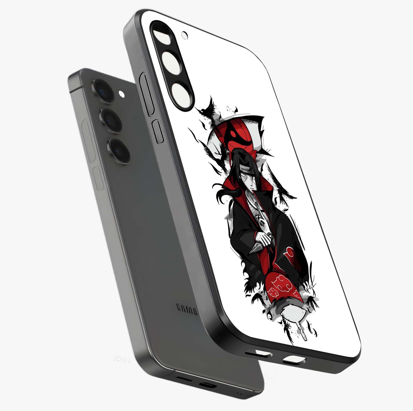 Itachi Sharingan Glass Case displayed in angled mockup highlighting striking sharingan eye design with dramatic anime aesthetic.