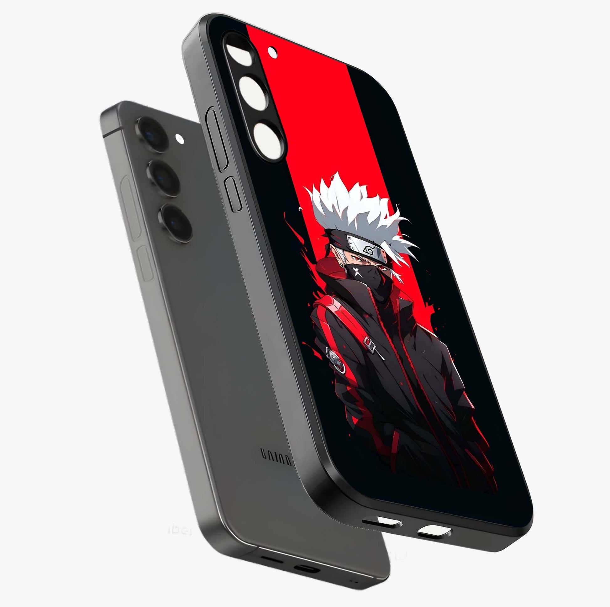 Kakashi Scarlet Shadow Glass Case displayed in angled mockup highlighting dramatic ninja illustration with scarlet themed aesthetic.