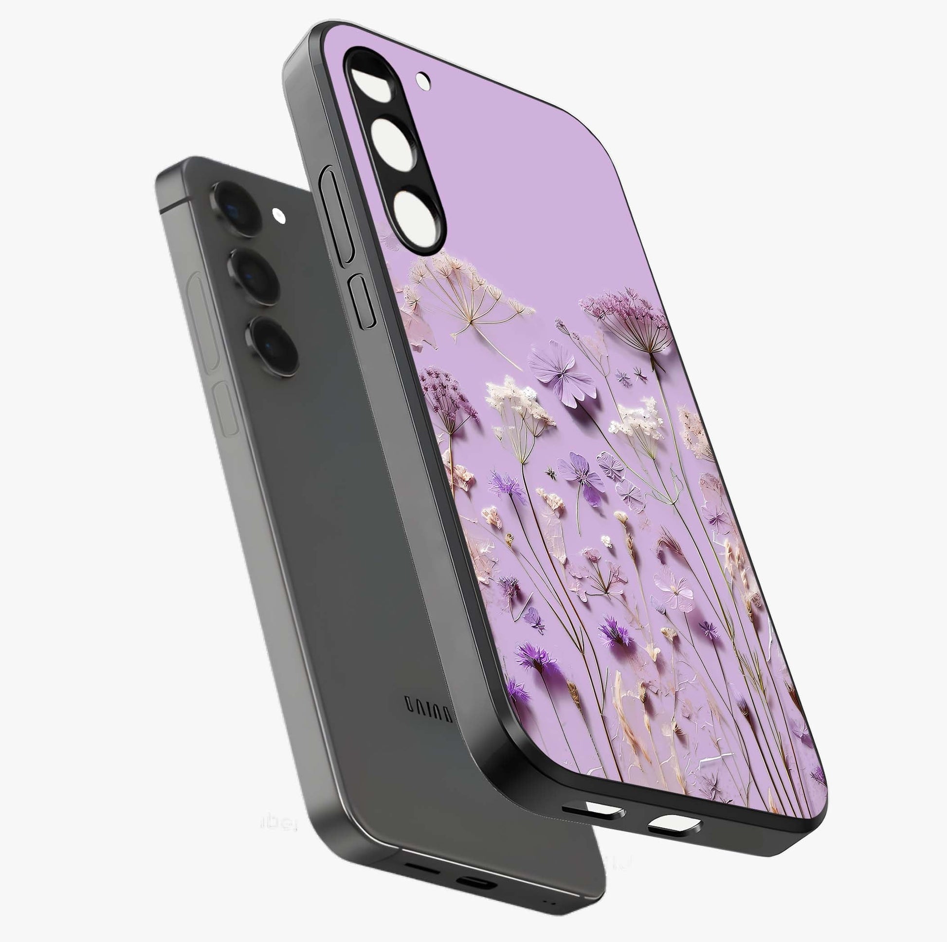 Lavender Blossom Dream Glass Case displayed in angled mockup highlighting dreamy lavender flower design with calming aesthetic style.
