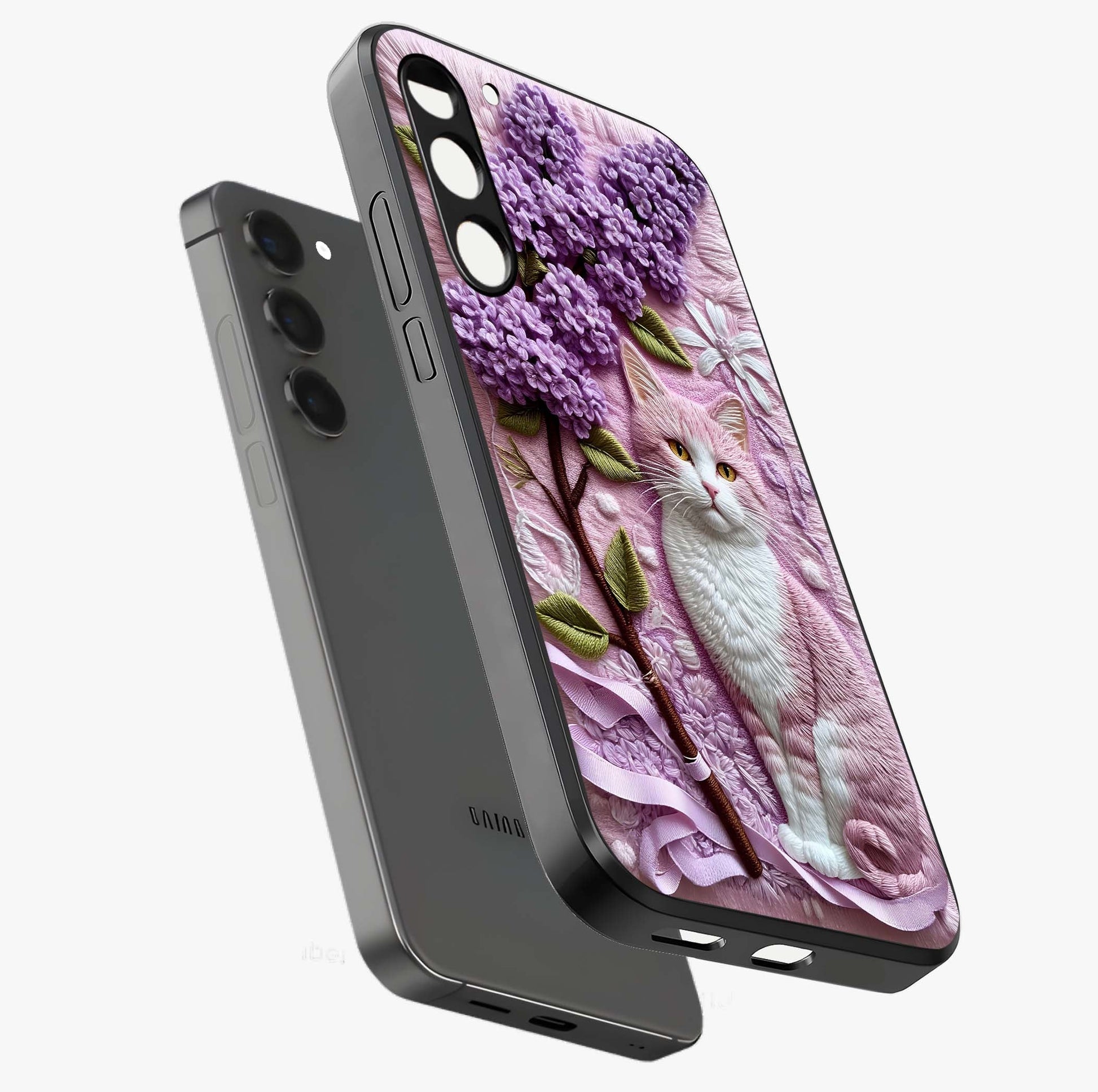 Lavender Cat Whimsy Glass Case displayed in angled mockup highlighting playful feline illustration with pastel lavender aesthetic.