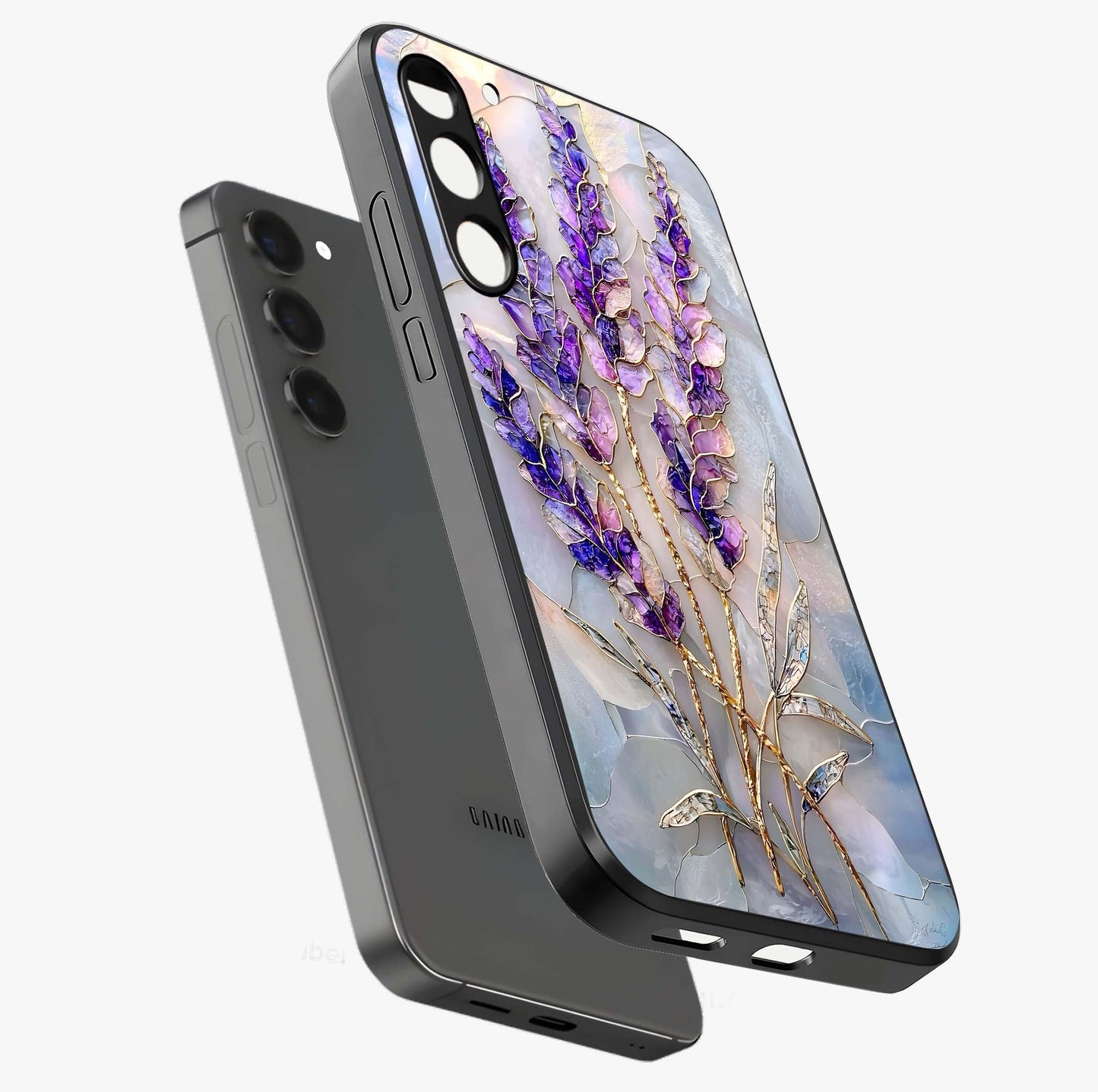 Lavender Dream Glow Glass Case displayed in angled mockup highlighting dreamy purple glow design with soft artistic style.