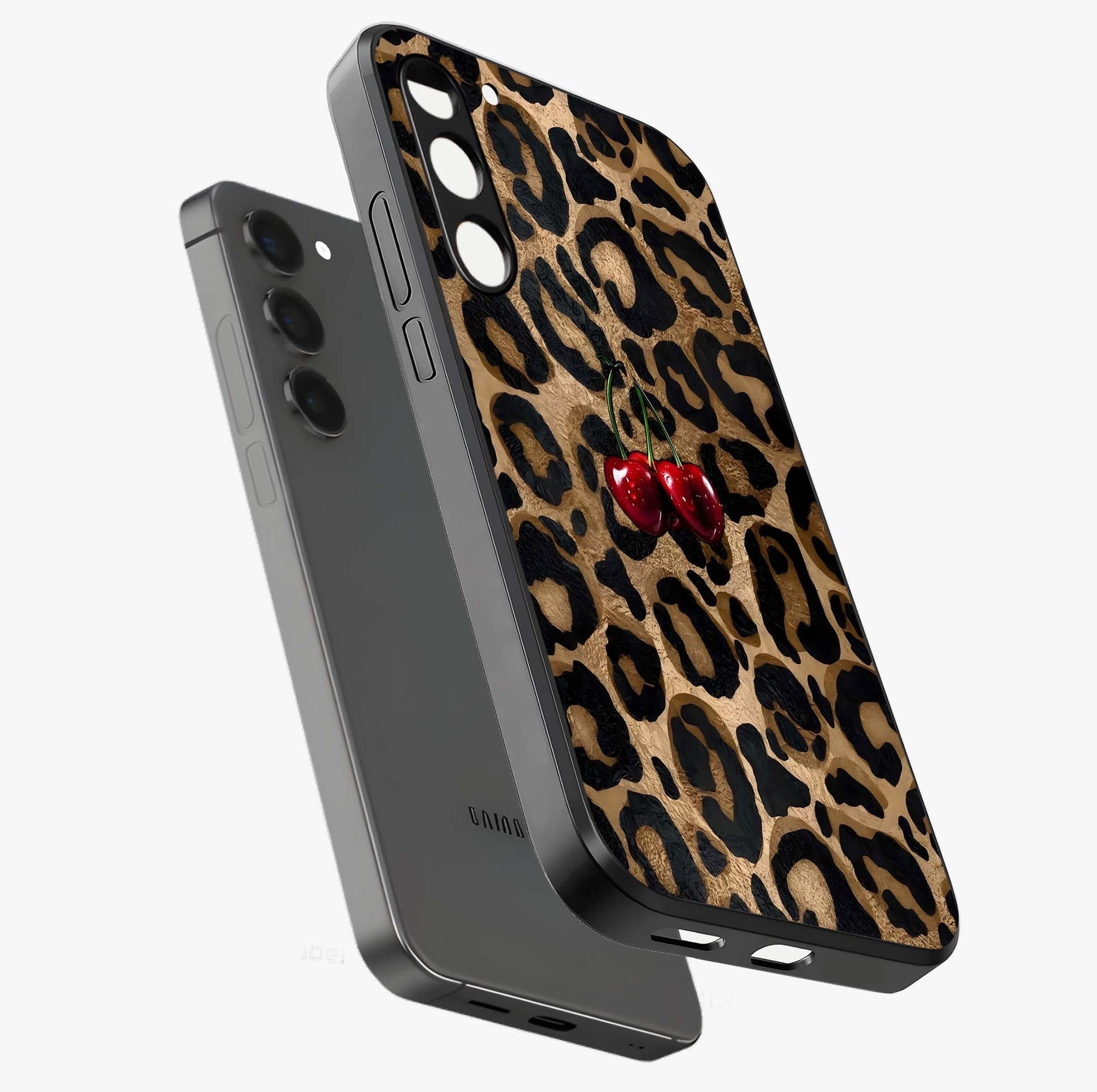 Leopard Wild Cherry Glass Case displayed in angled mockup highlighting bold animal print design with playful cherry aesthetic.