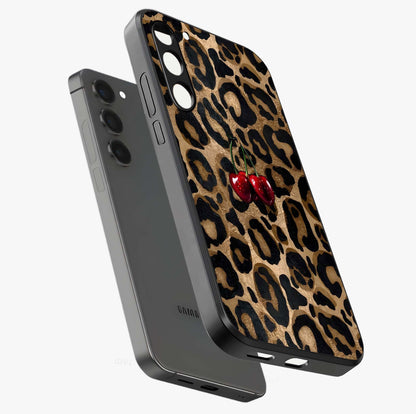Leopard Wild Cherry Glass Case displayed in angled mockup highlighting bold animal print design with playful cherry aesthetic.