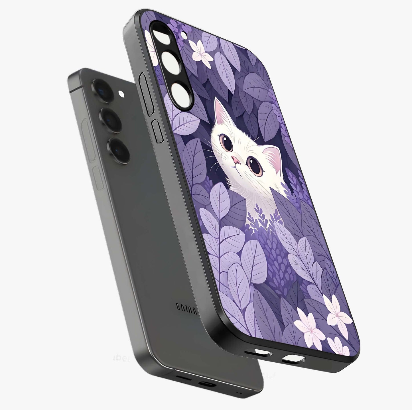 Lilac Hide Peek Cat Glass Case displayed in angled mockup highlighting playful feline illustration with lilac aesthetic design.