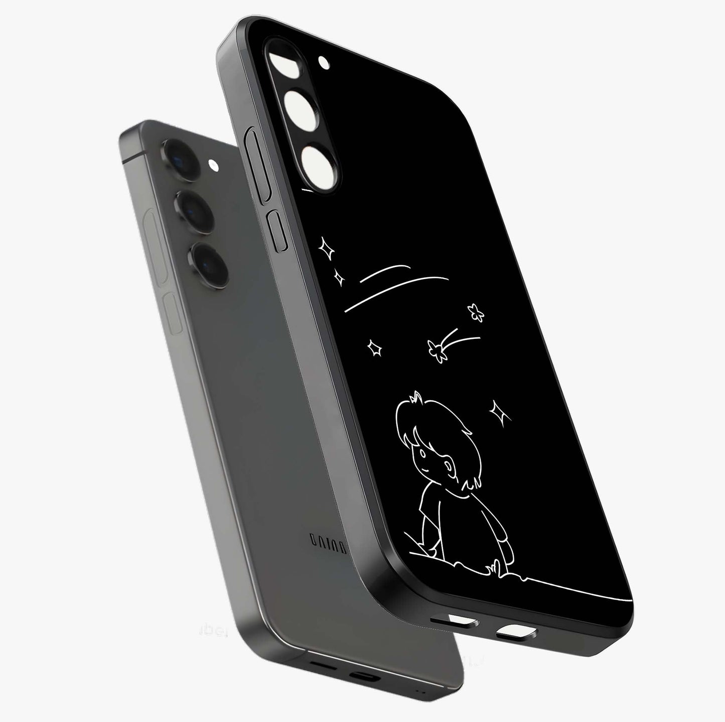 Line Art Boy With Shooting Stars Glass Case displayed in angled mockup highlighting elegant line art design with dreamy star aesthetic.