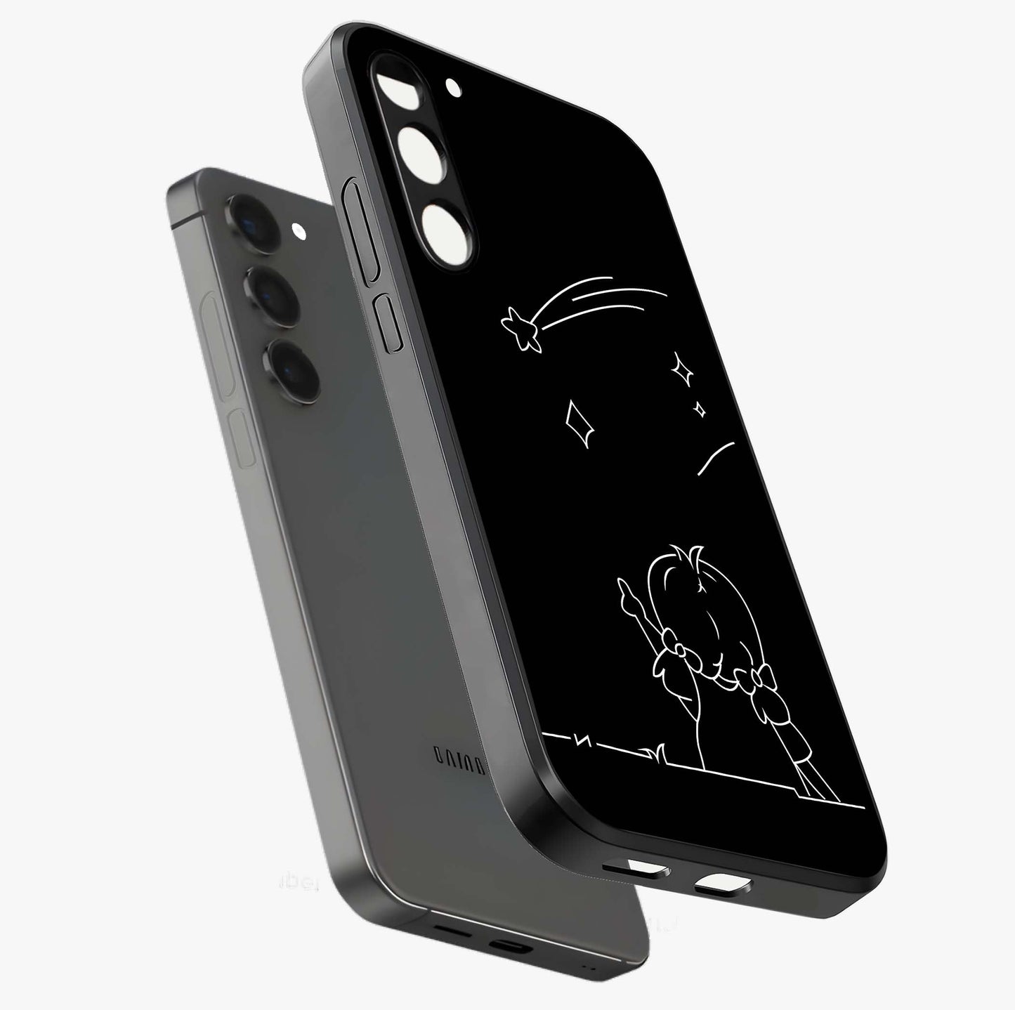 Line Art Girl With Shooting Stars Glass Case displayed in angled mockup highlighting elegant line art design with dreamy star aesthetic.