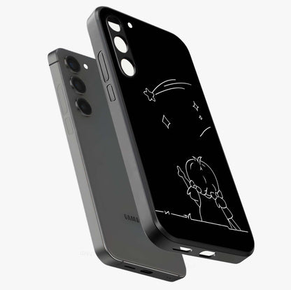 Line Art Girl With Shooting Stars Glass Case displayed in angled mockup highlighting elegant line art design with dreamy star aesthetic.