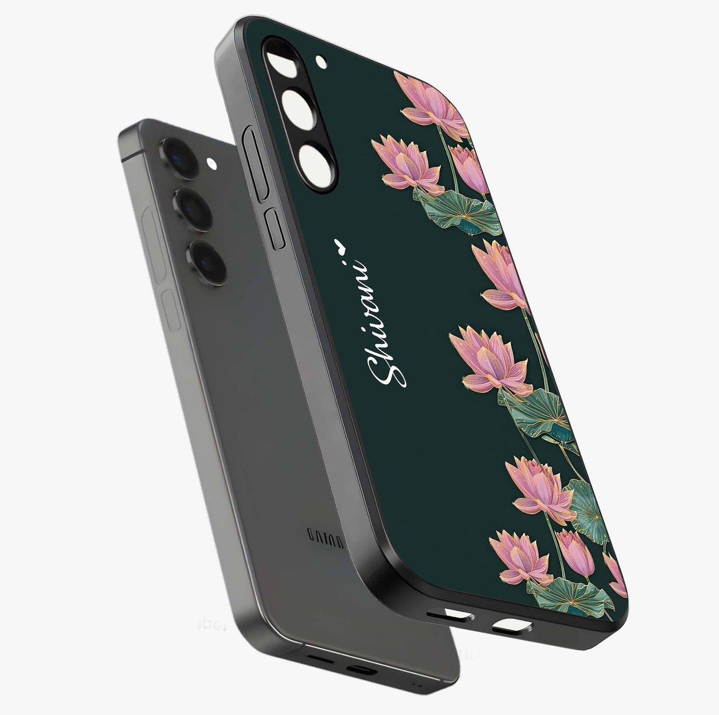 Lotus Bloom Serenity Custom Name Glass Case displayed in angled mockup highlighting graceful lotus illustration with custom name feature.