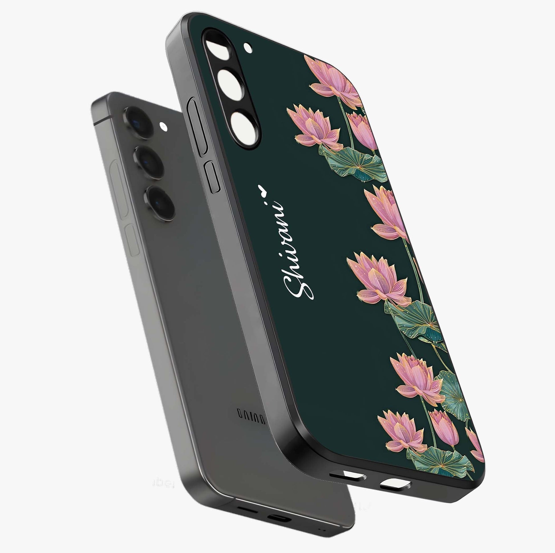 Lotus Bloom Serenity Custom Name Glass Case displayed in angled mockup highlighting graceful lotus illustration with custom name feature.