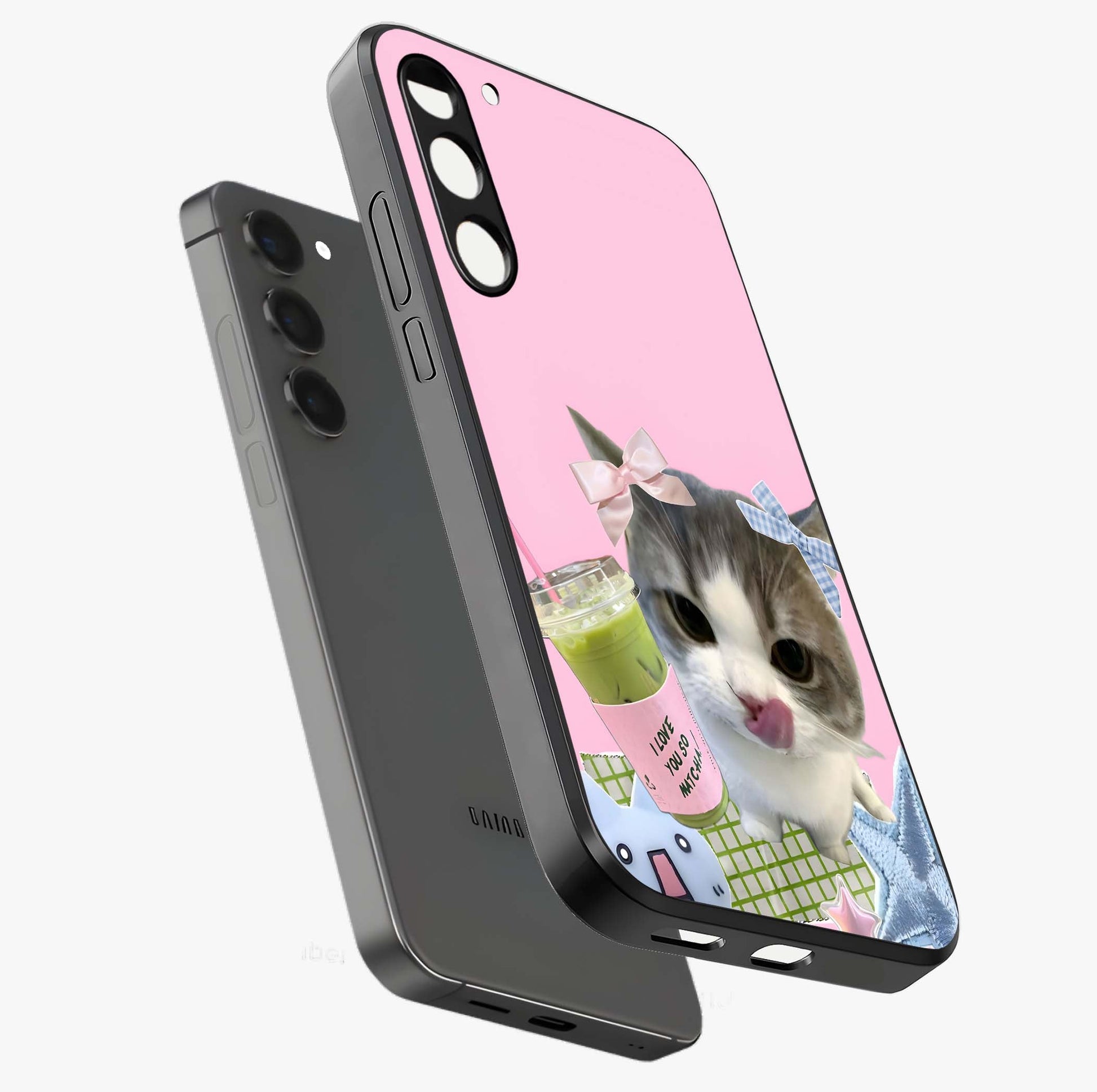 Love Matcha Cat Glass Case displayed in angled mockup highlighting playful feline illustration with cozy matcha aesthetic.