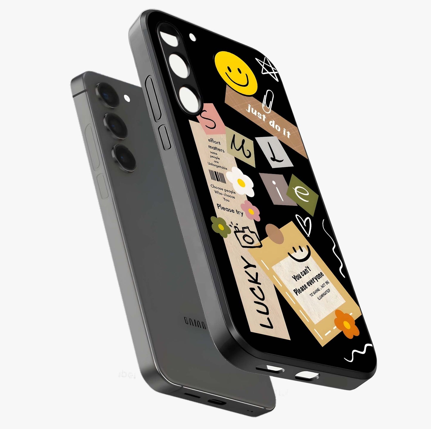 Lucky Aesthetic Collage Glass Case displayed in angled mockup highlighting stylish collage pattern with modern aesthetic vibe.